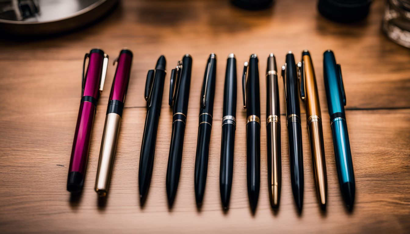 Assortment of BAOKE fountain pens displayed on a wooden desk.