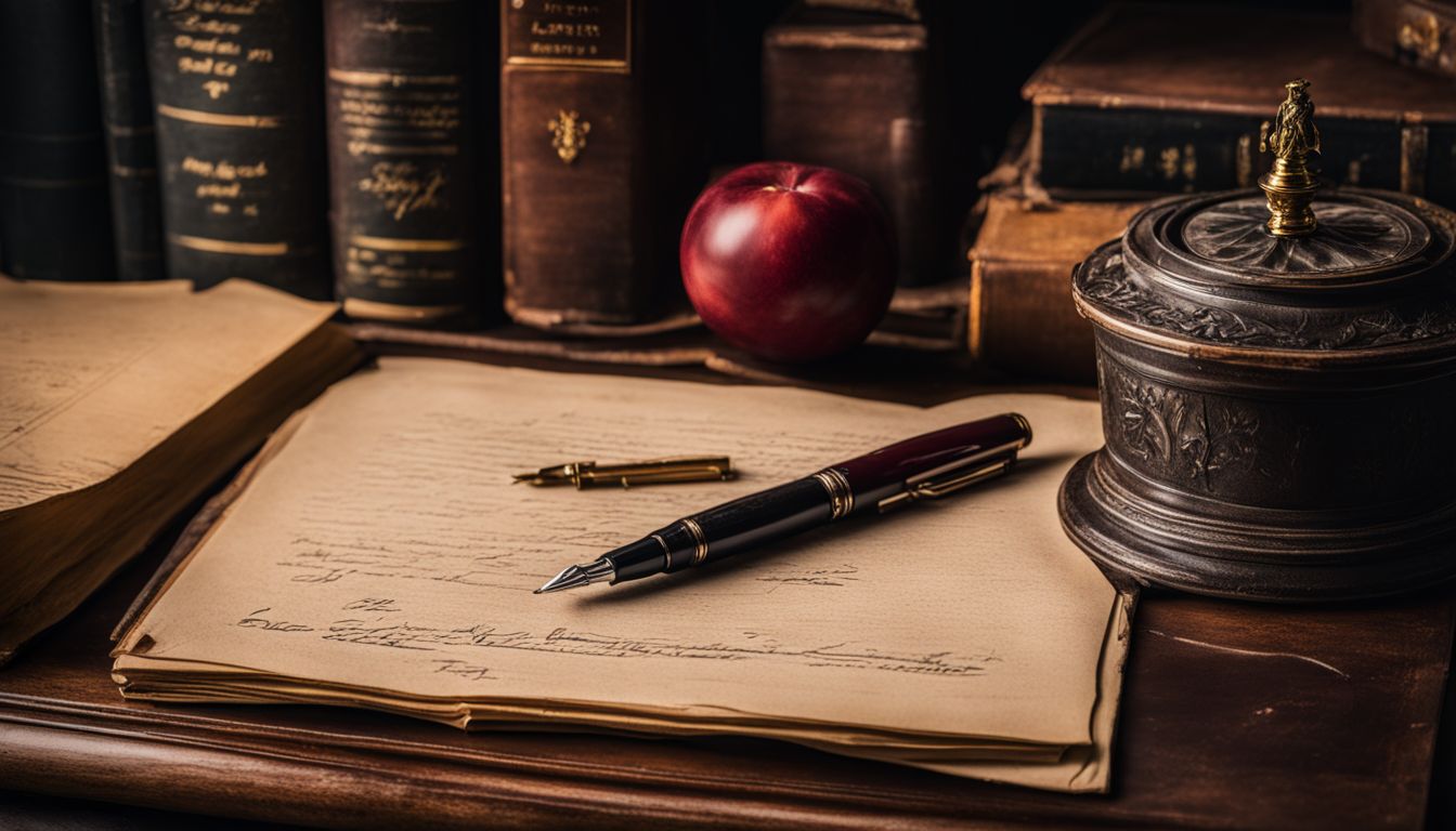 An iconic fountain pen on a vintage writing desk surrounded by scientific manuscripts.