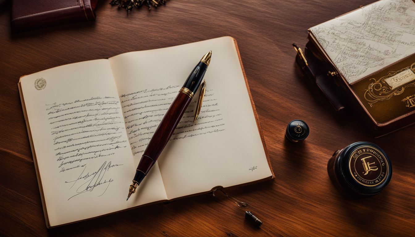 A still life photo of The Dux 443 Fountain Pen on a mahogany desk.