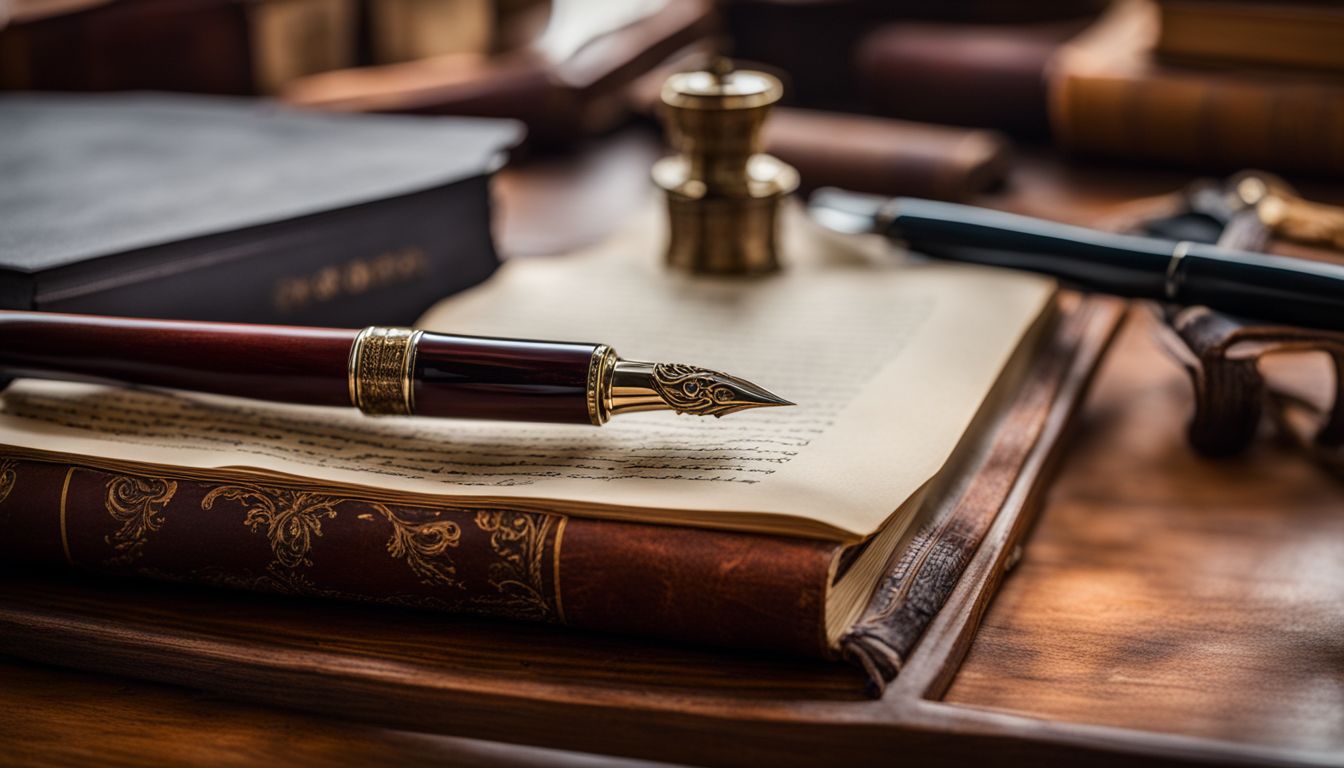 A vintage writing desk with a fountain pen and books.