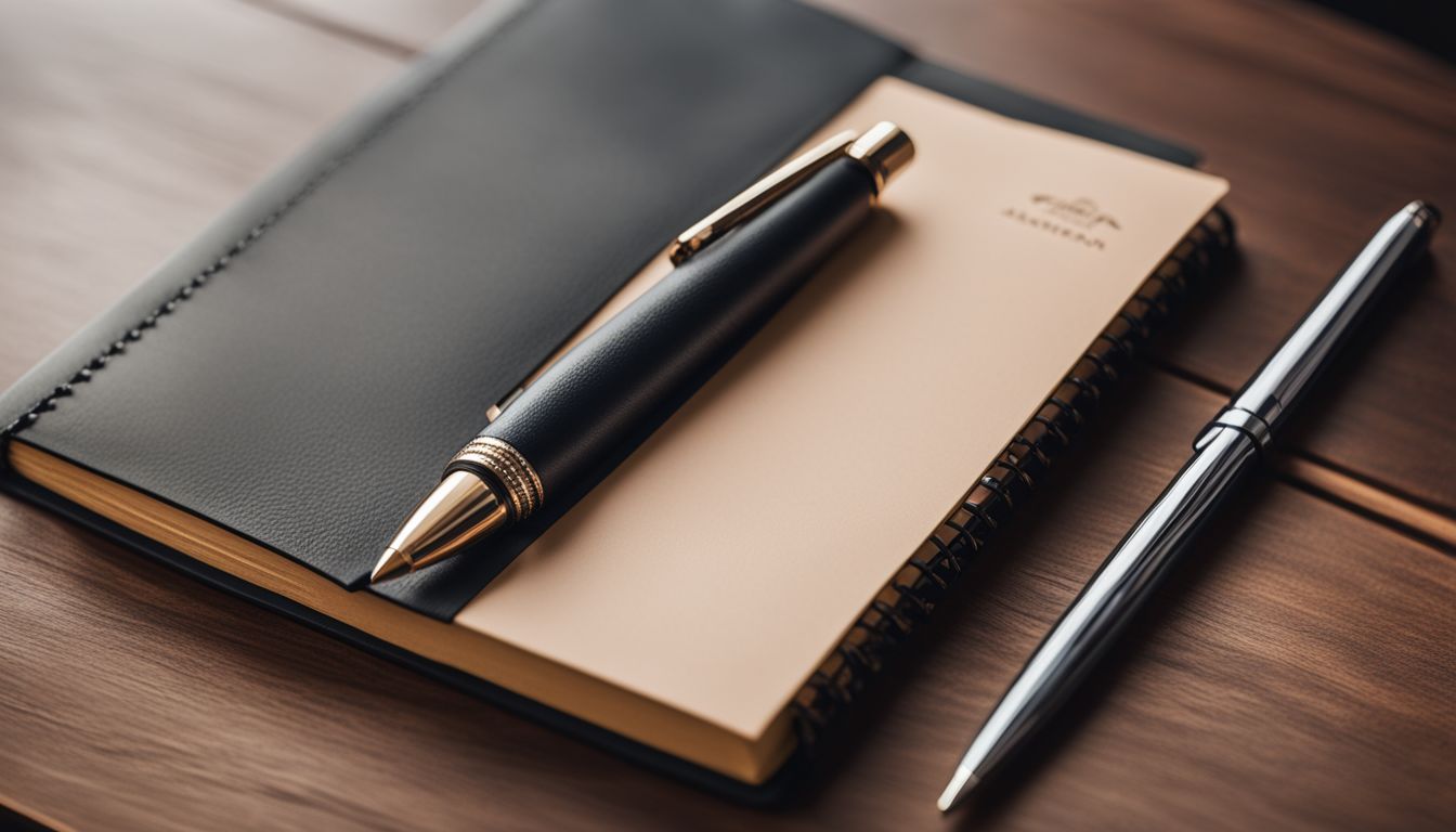 A personalized pen on leather journal in a stylish workspace.