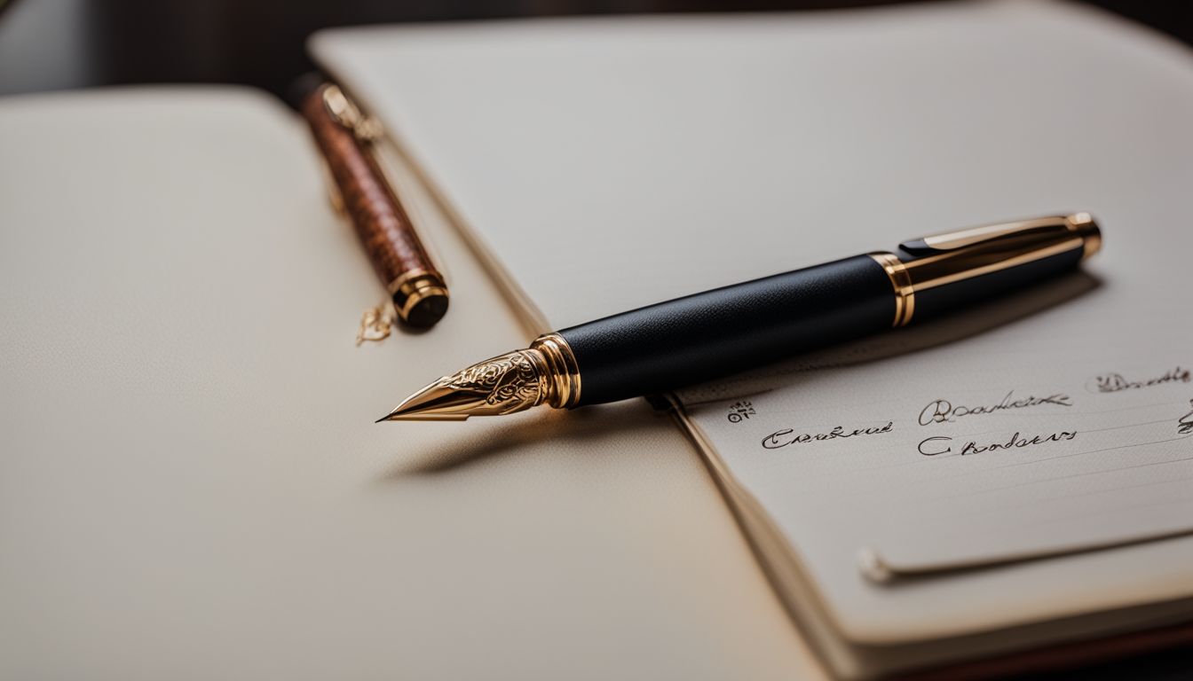 A stylish fountain pen on a desk with a notebook.