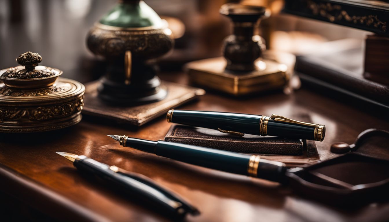 A custom fountain pen on a vintage desk with an antique inkwell.