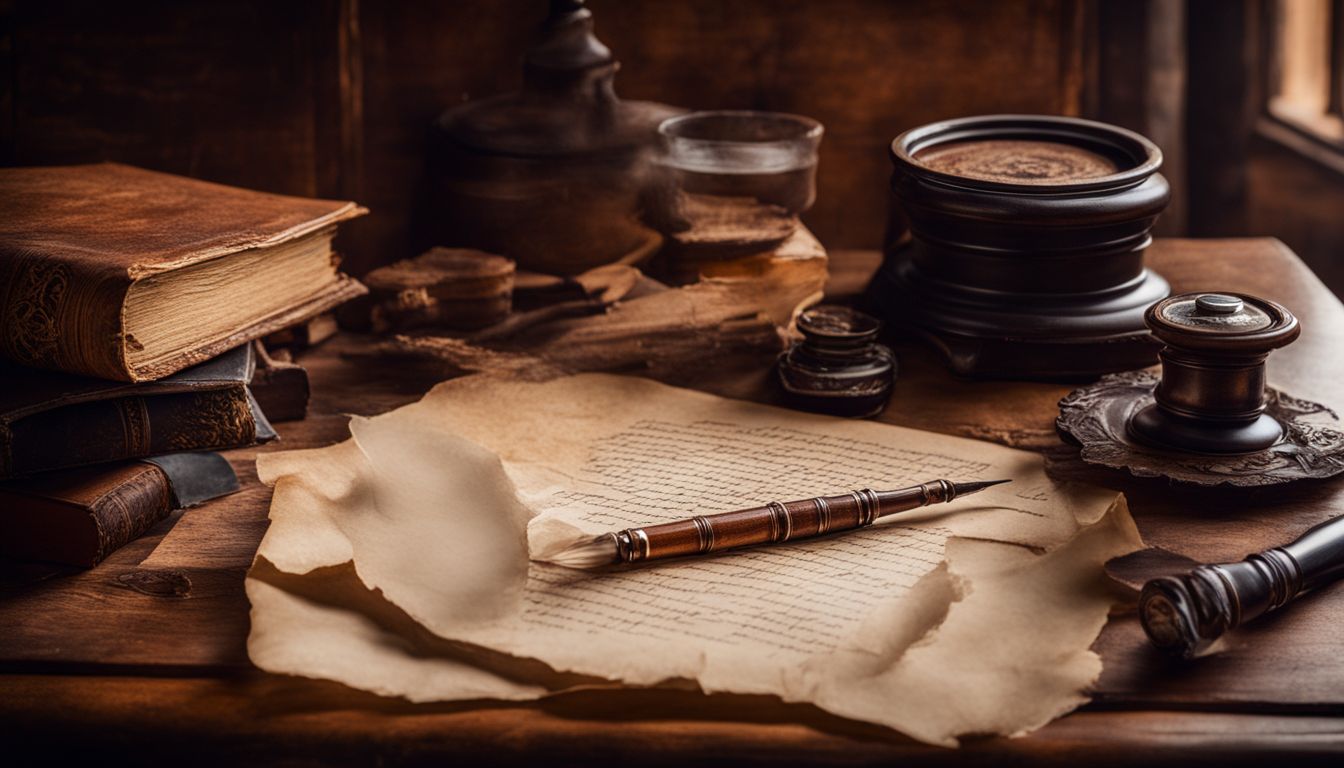 The image features an antique desk with old books and a quill pen.