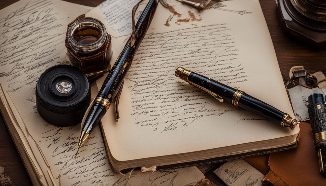 A vintage-inspired still life composition featuring a fountain pen and writing tools.