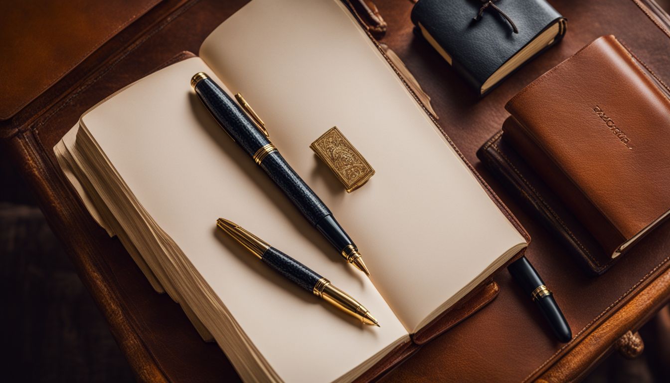 A luxury fountain pen on a vintage desk surrounded by notebooks.