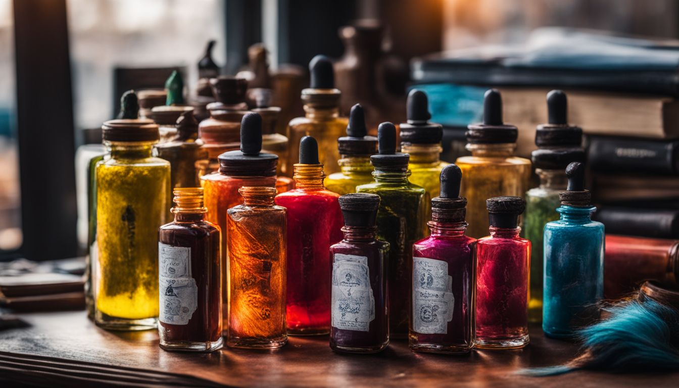 A collection of vibrant Krishna Ink bottles on a stylish desk.