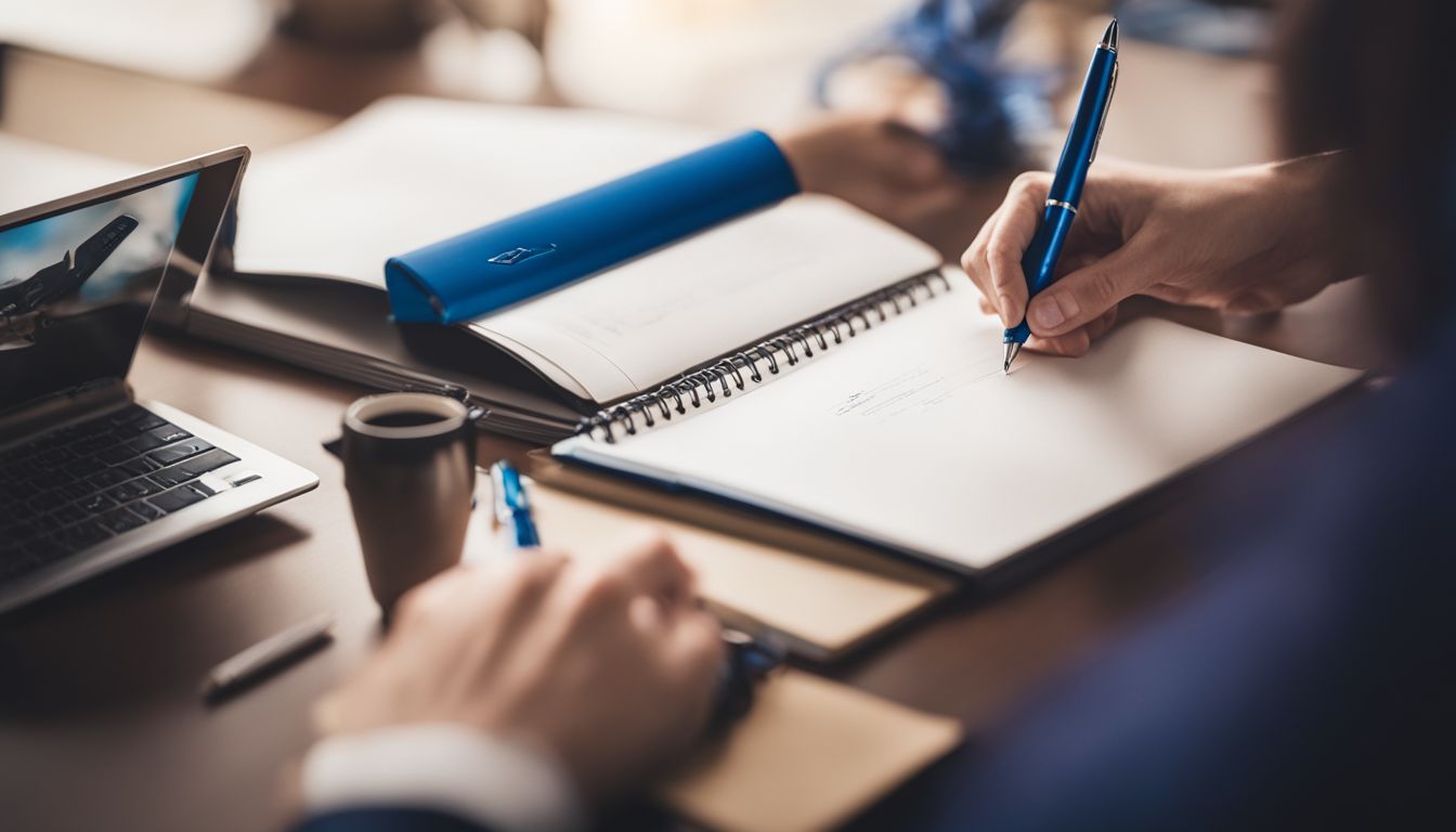 A hand holding a blue pen rests on a modern desk.