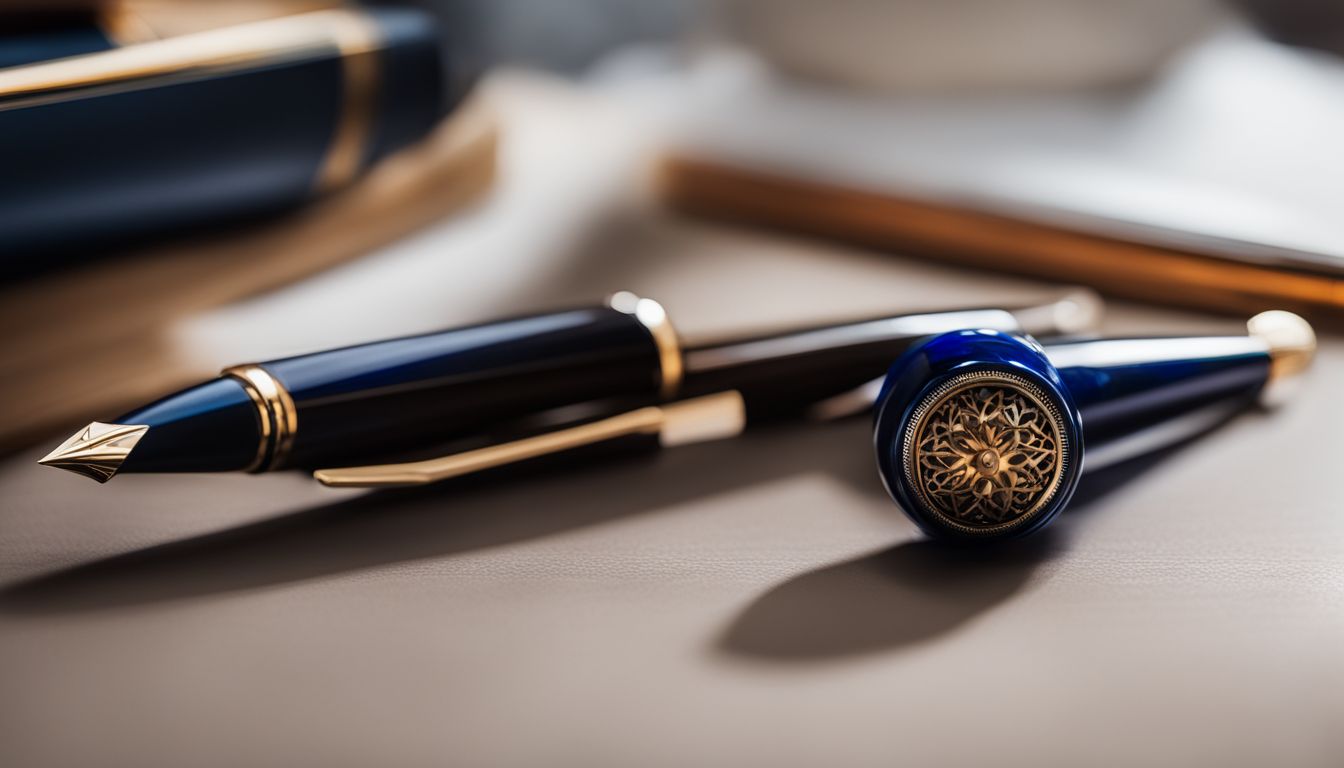 A Lapis Bard fountain pen on a modern desk in a bustling atmosphere.