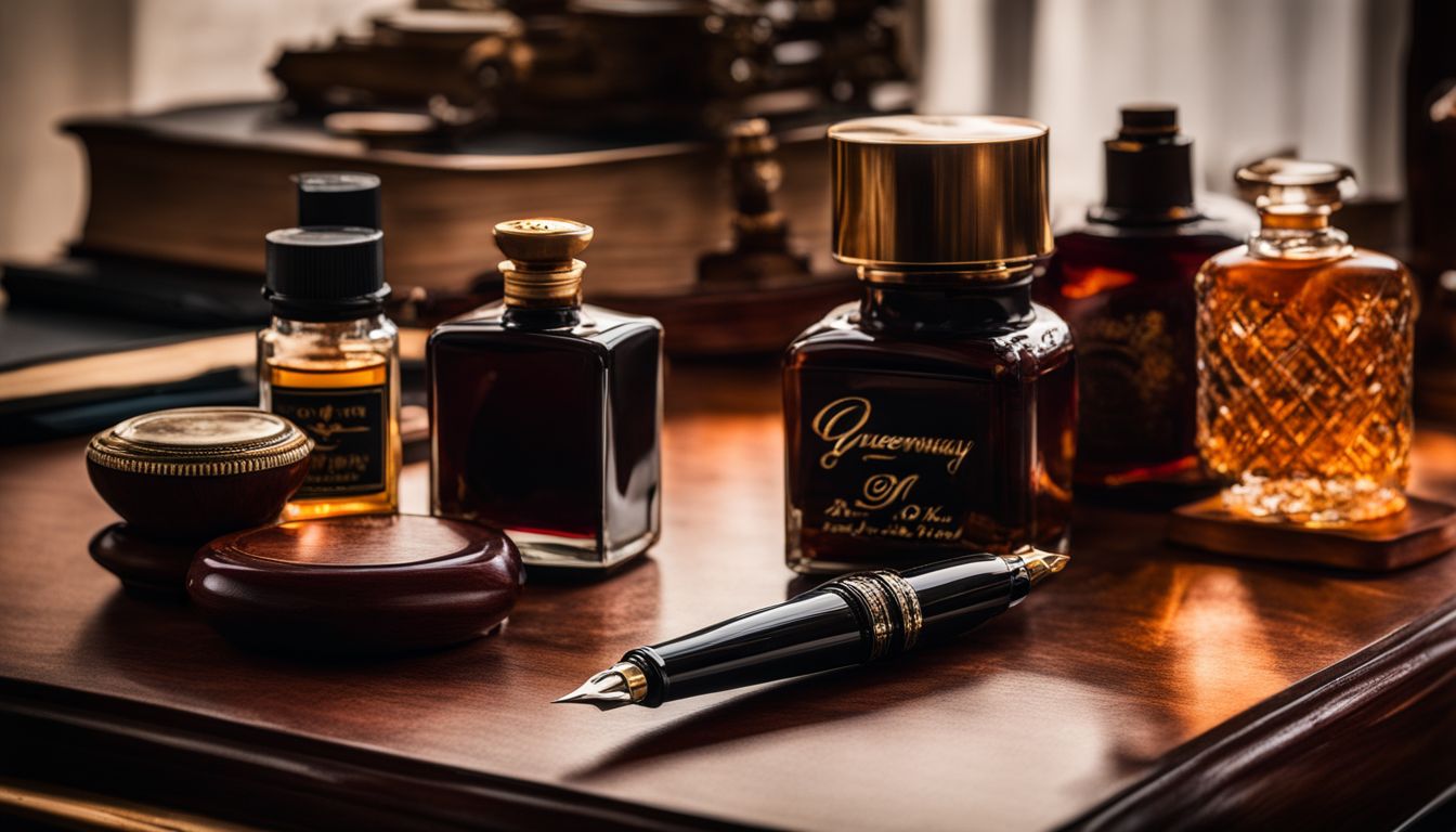 A vintage fountain pen and ink bottle on a mahogany desk.