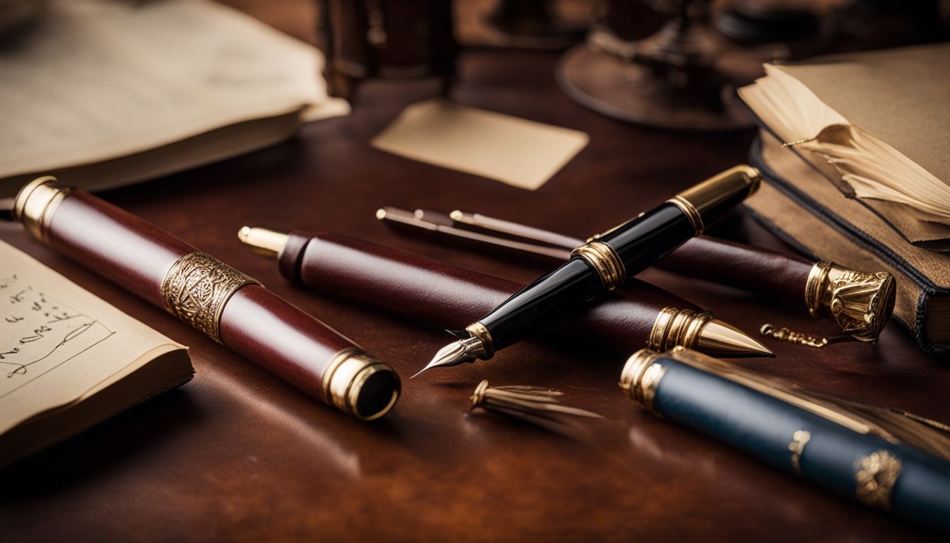 A vintage Beena Lincoln Fountain Pen on a leather writing desk surrounded by antique quill pens.