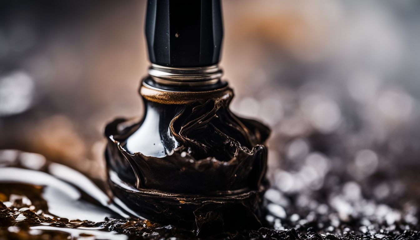 A damaged fountain pen nib surrounded by dried ink in a close-up shot.