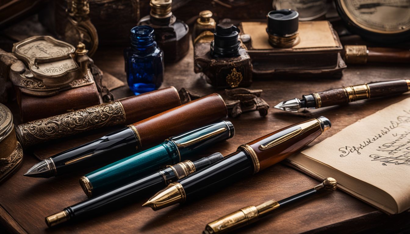 A collection of vintage Guider Fountain Pens on an antique desk.