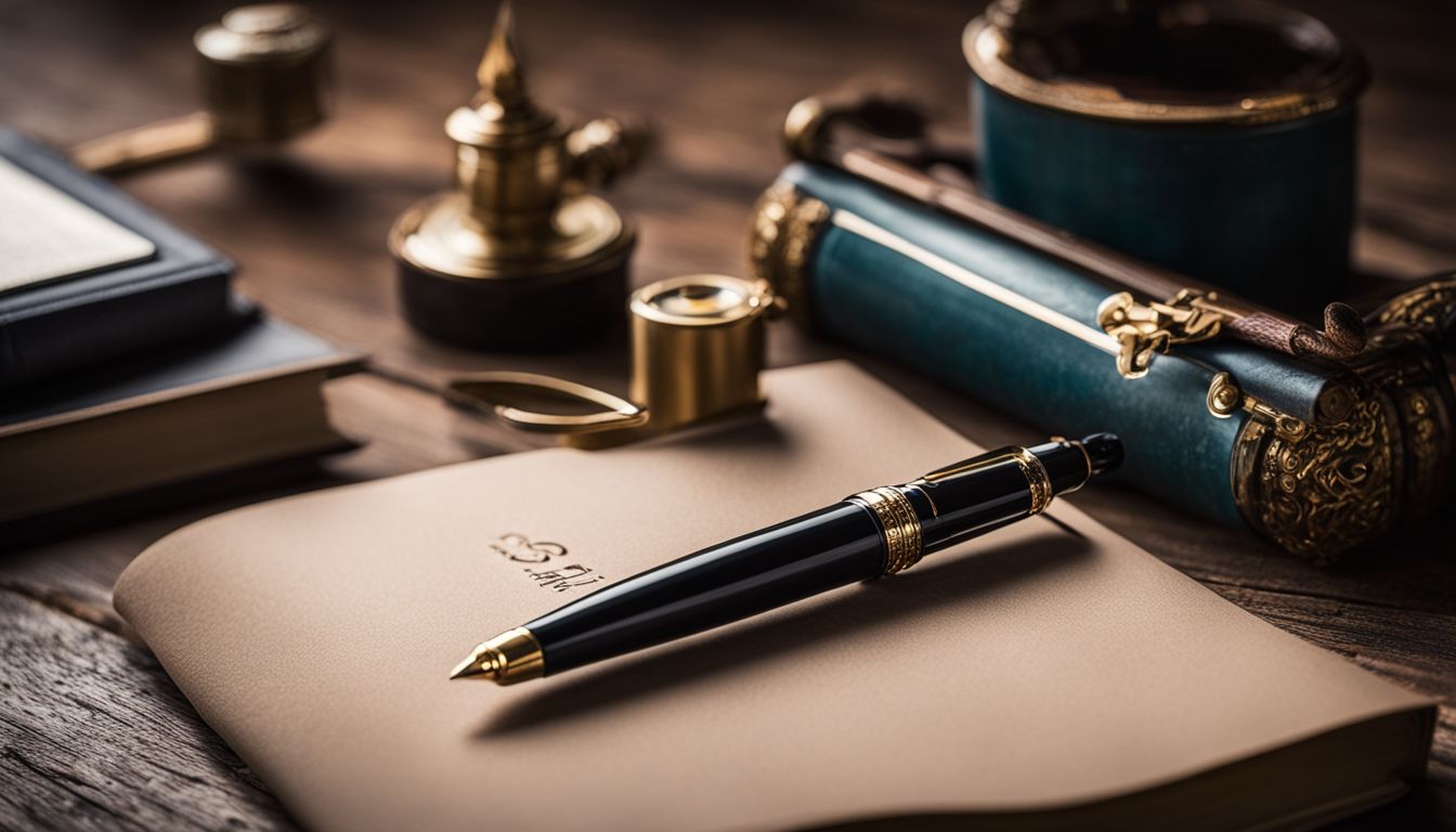 A M&G fountain pen on a rustic desk surrounded by stationery.