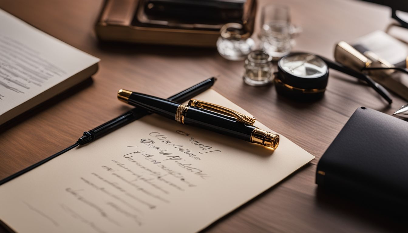 An elegant office setting with classic writing tools and Unomax Fountain Pen.