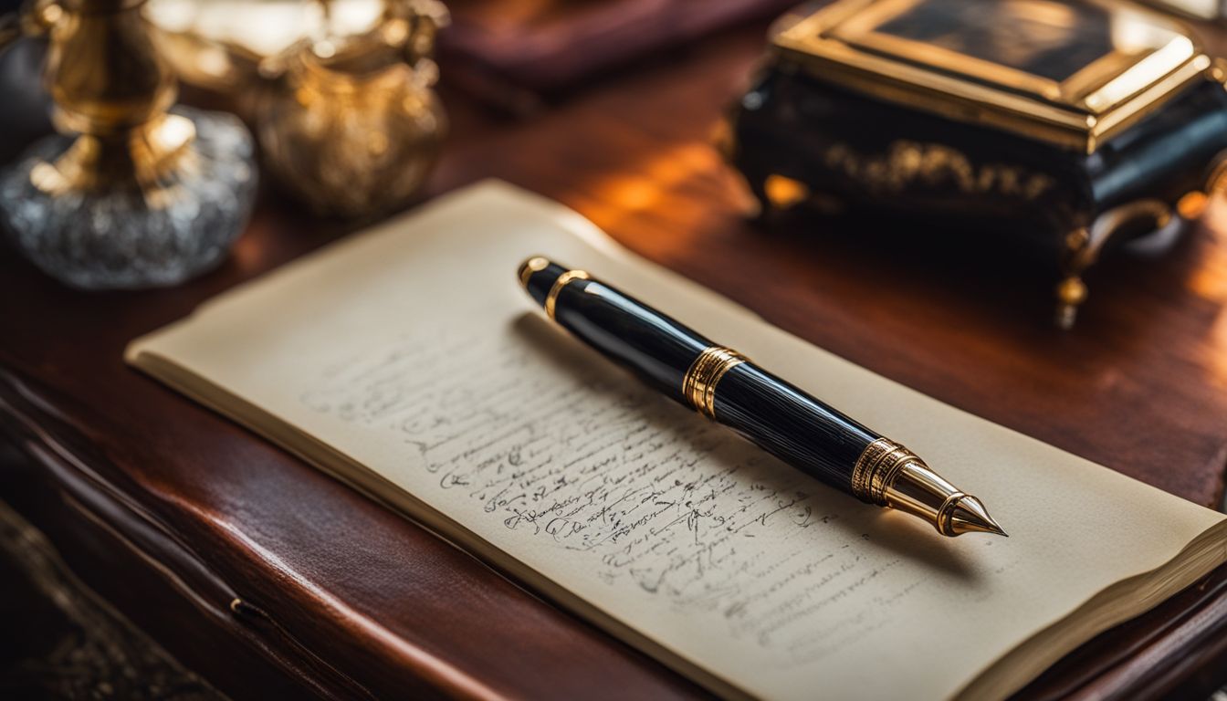 An intricately designed Zenyle Fountain Pen on a vintage writing desk.