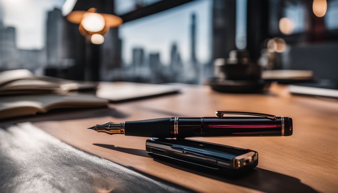 A Rotring Core Fountain Pen on a sleek desk in a bustling city.