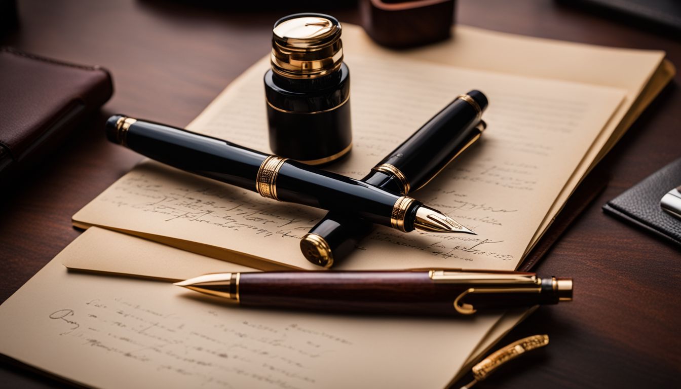 A Zenyle Rosewood Fountain Pen surrounded by elegant writing accessories on a desk.