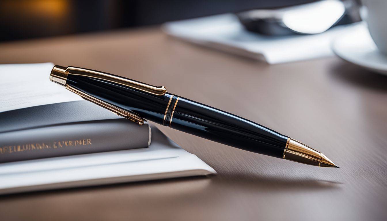 A Beiluner fountain pen on a modern office desk in a bustling cityscape.