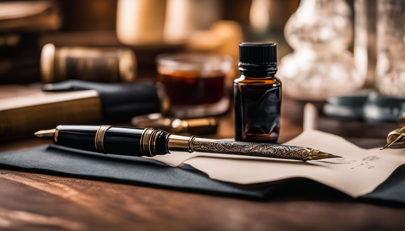 A vintage fountain pen and ink bottle on a wooden desk.