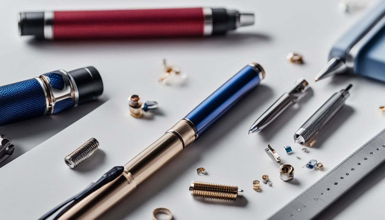 A disassembled ballpoint pen components laid out on a surface.