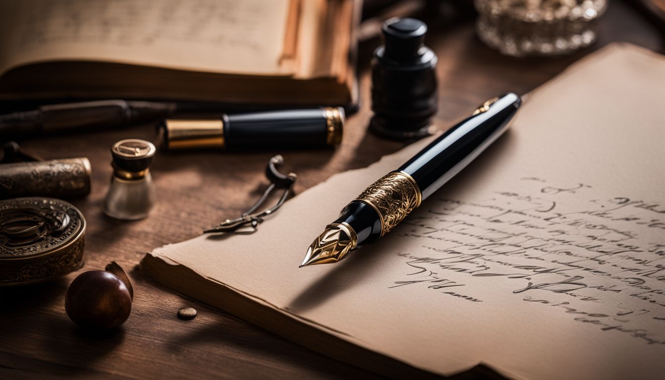 An elegant Oldwin fountain pen surrounded by vintage calligraphy tools on a desk.