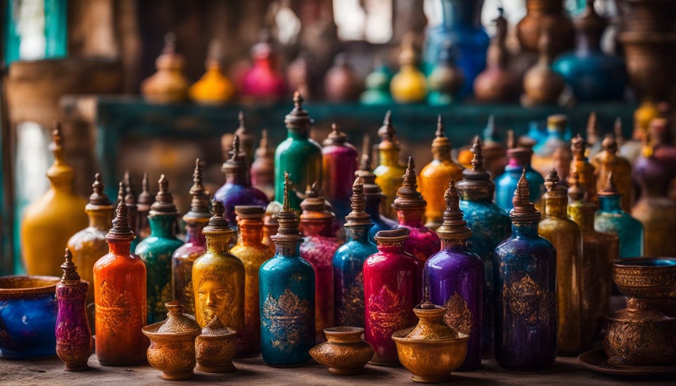 An array of vibrant Krishna ink bottles in a colorful workshop.