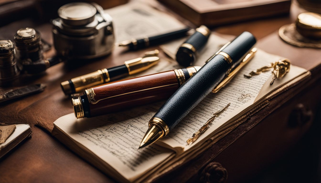 A display of vintage fountain pens and writing accessories.