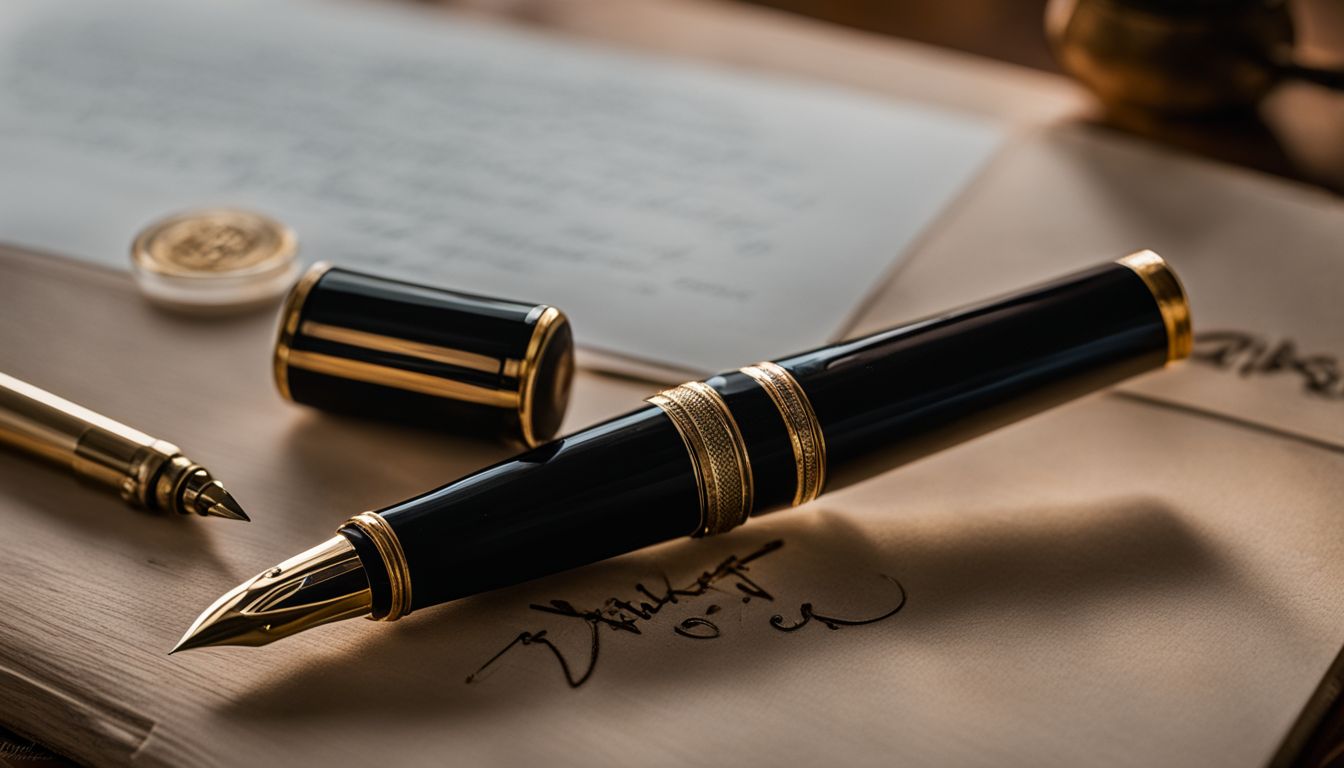 A vintage fountain pen and antique writing accessories on a desk.