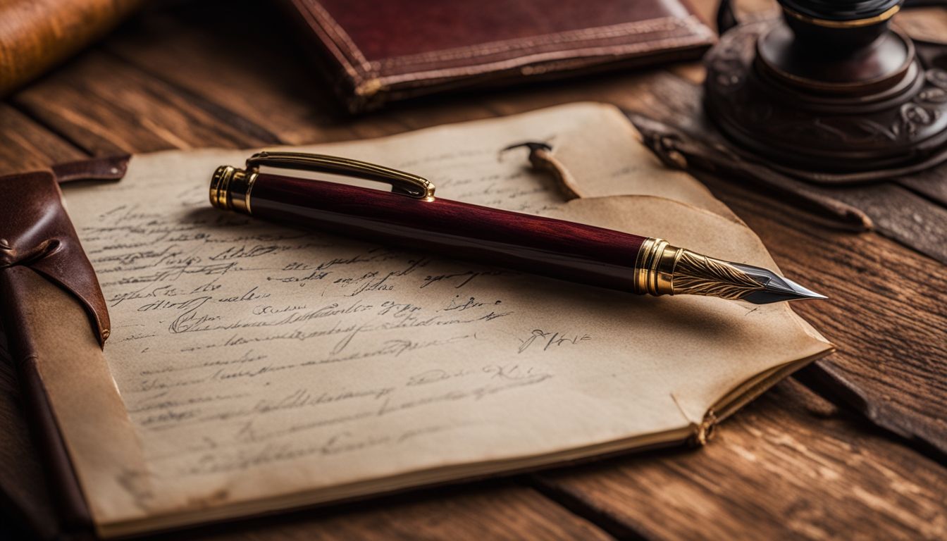 A vintage Airmail fountain pen on a wooden desk with a journal.