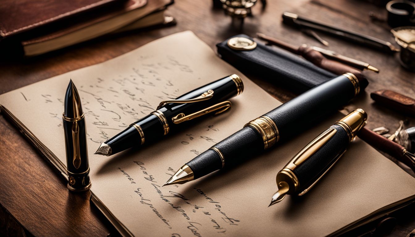 An antique fountain pen on a vintage desk with writing tools.