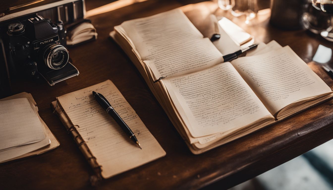 A vintage desk with handwritten notes and a ballpoint pen.