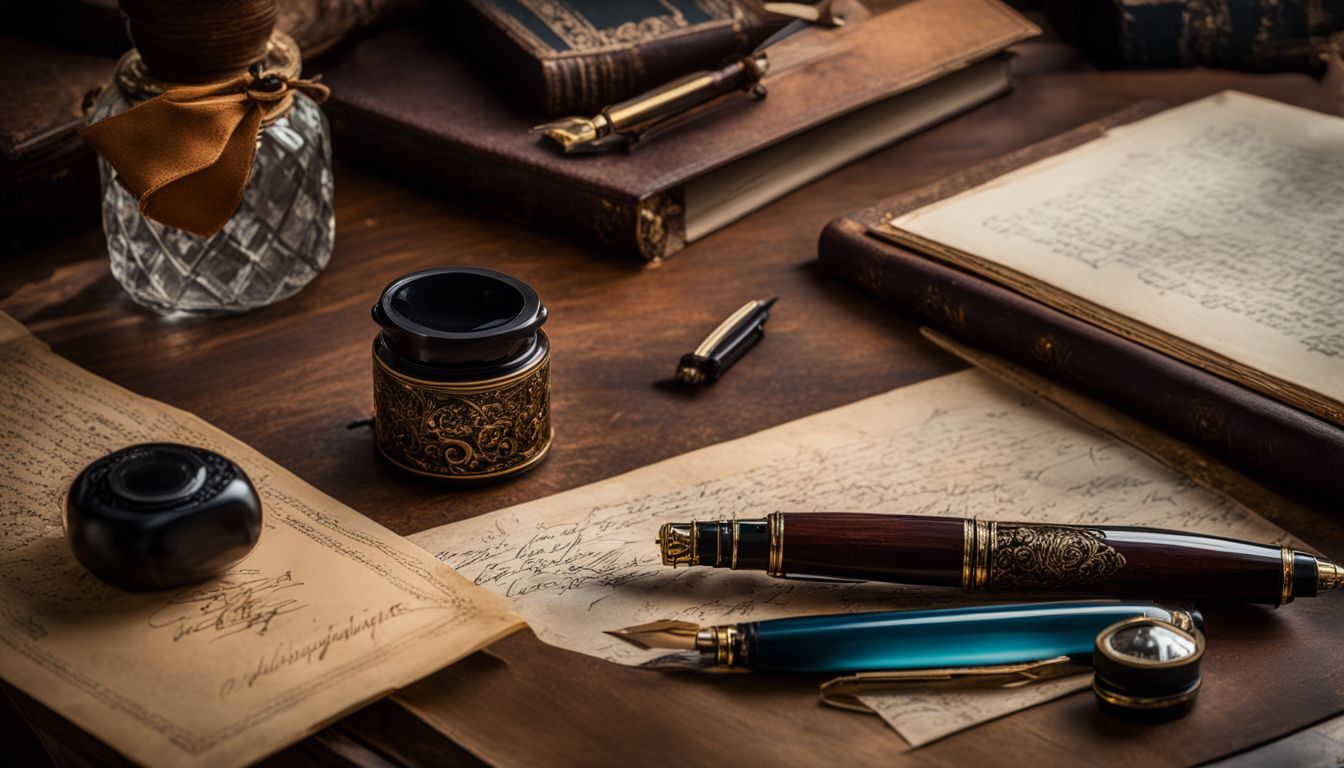 A vintage-inspired desk with antique writing accessories and Queensway Fountain Pens.