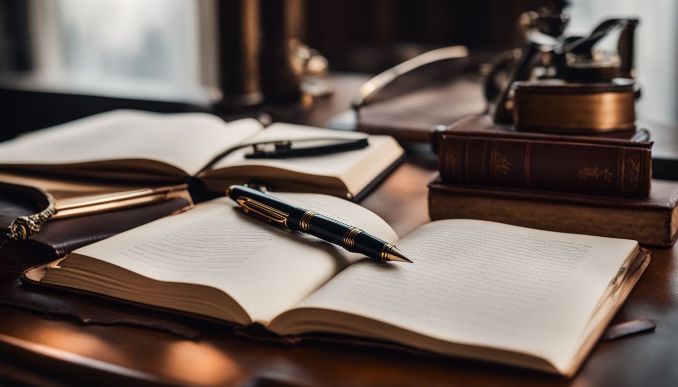 A desk with a pen and journals, surrounded by cityscape photography.