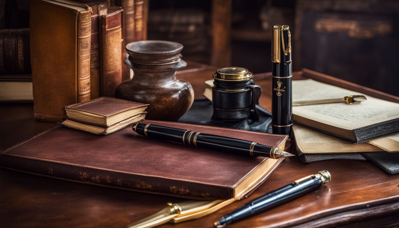 A still life photo of Einstein's fountain pen on a vintage desk.