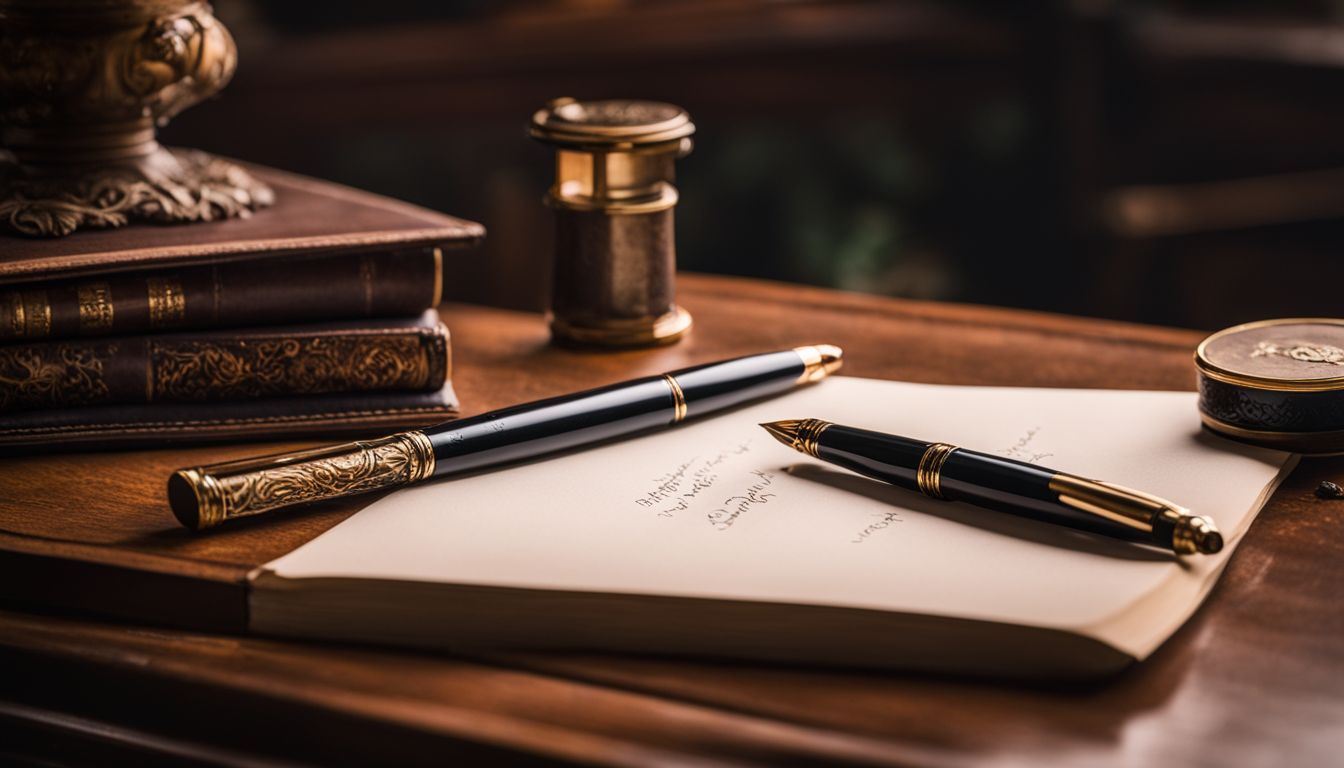 'A Wordsworth and Black fountain pen on a wooden desk.'