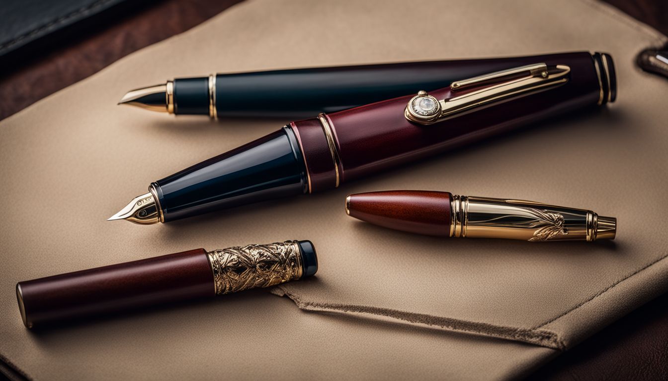 A Beena fountain pen on a vintage leather desk set.