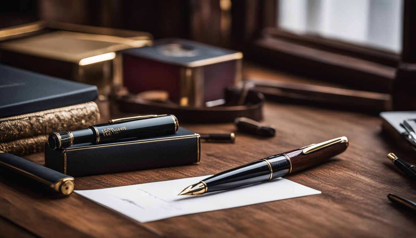 A Wordsworth & Black fountain pen set on a polished desk.