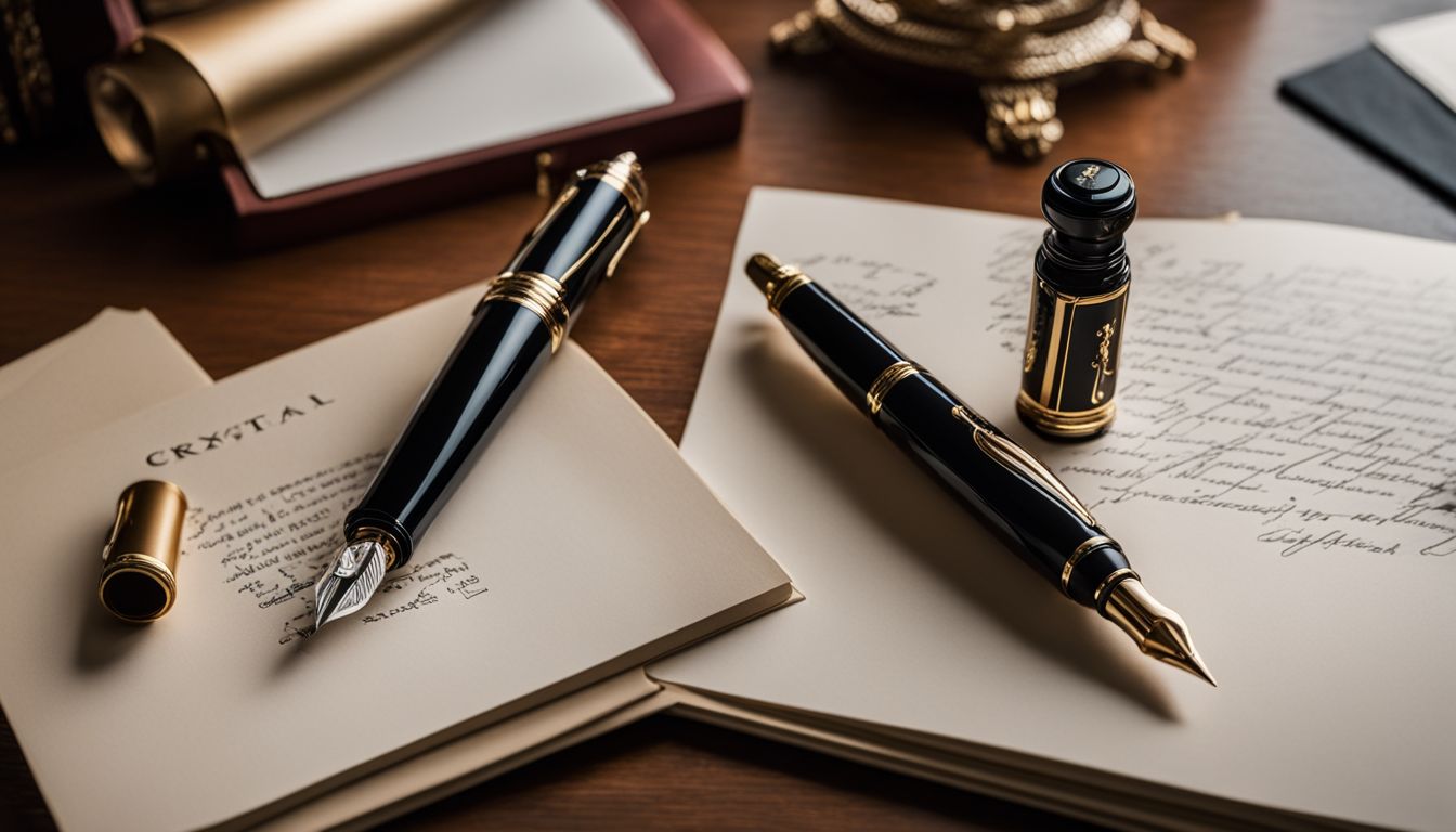 A fountain pen on a luxurious writing desk surrounded by elegant stationery.