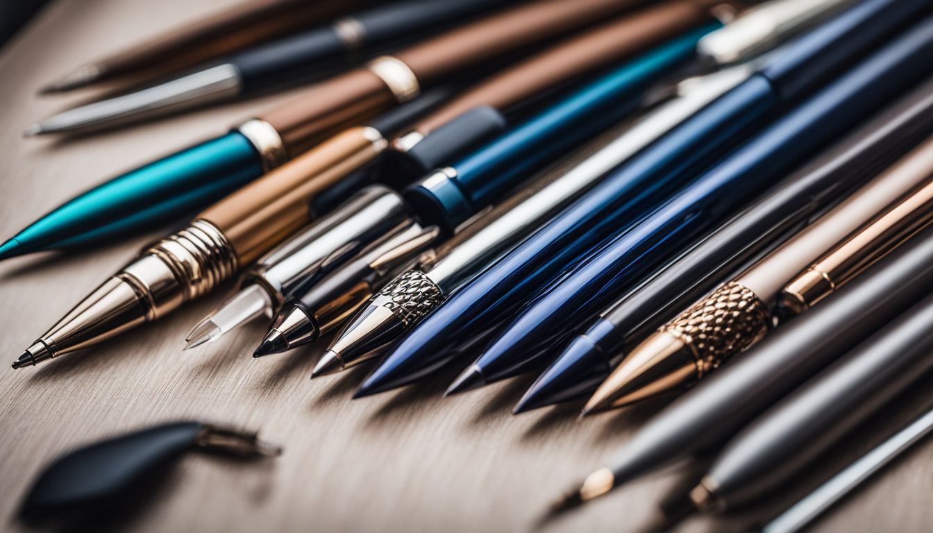 A collection of stylish custom ballpoint pens on a sleek modern desk.