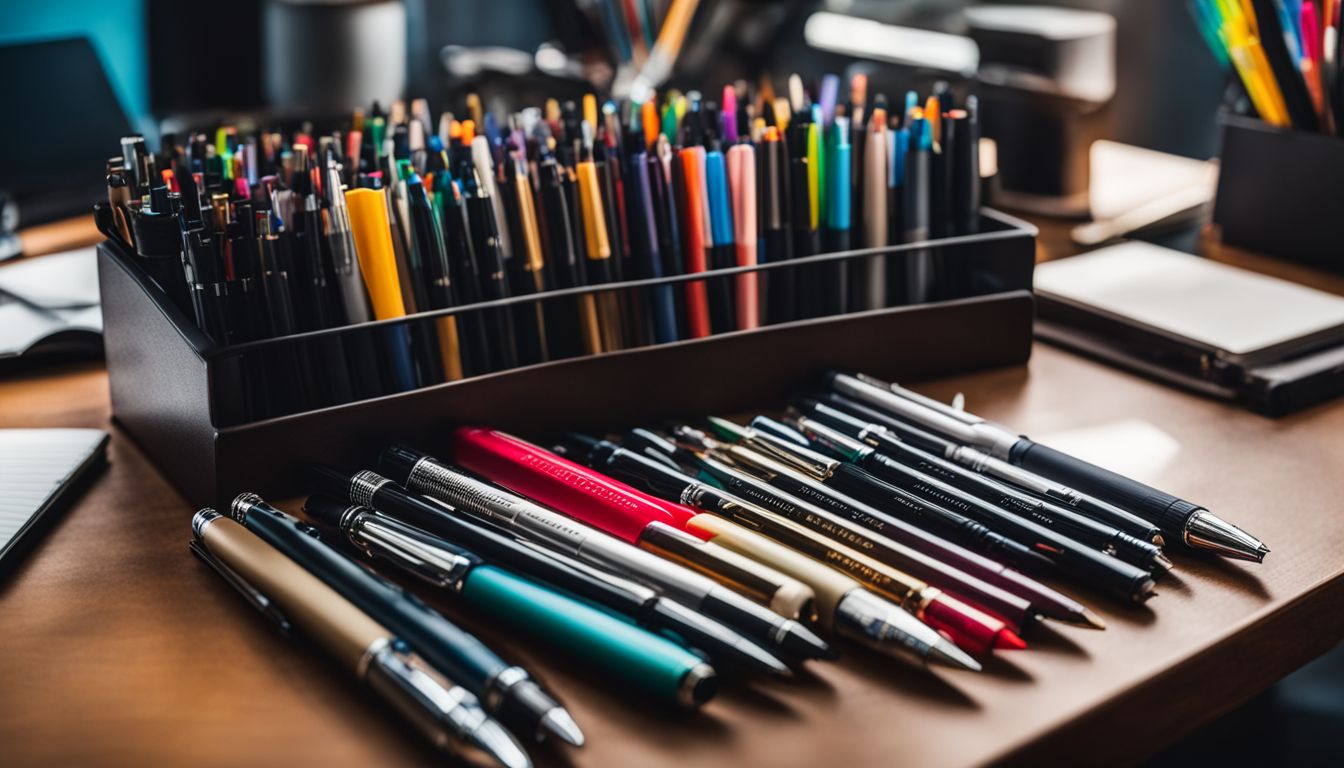 A variety of pens and stationery arranged on a desk.