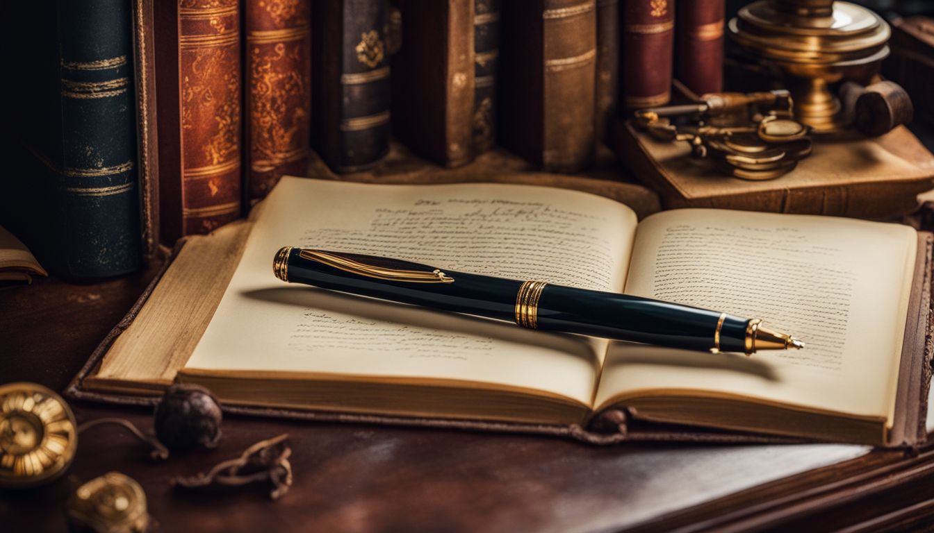 A vintage fountain pen rests on an antique writing desk.