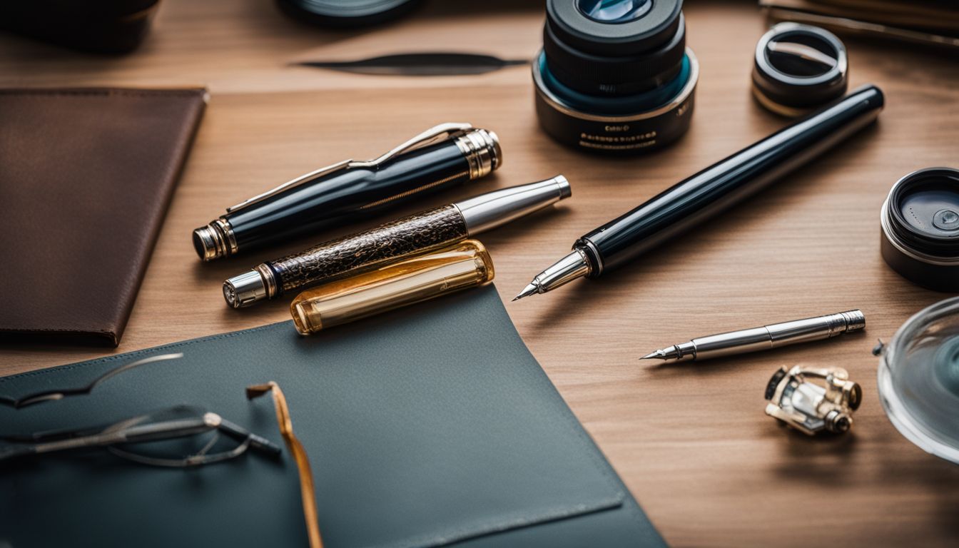 Dissected fountain pen components laid out on workbench in still life.