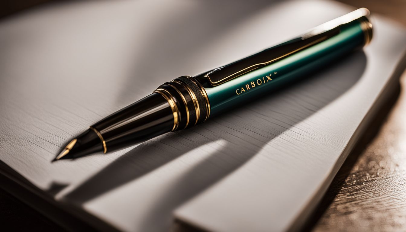 A close-up photo of a Flair Carbonix Fountain Pen on a modern writing desk.