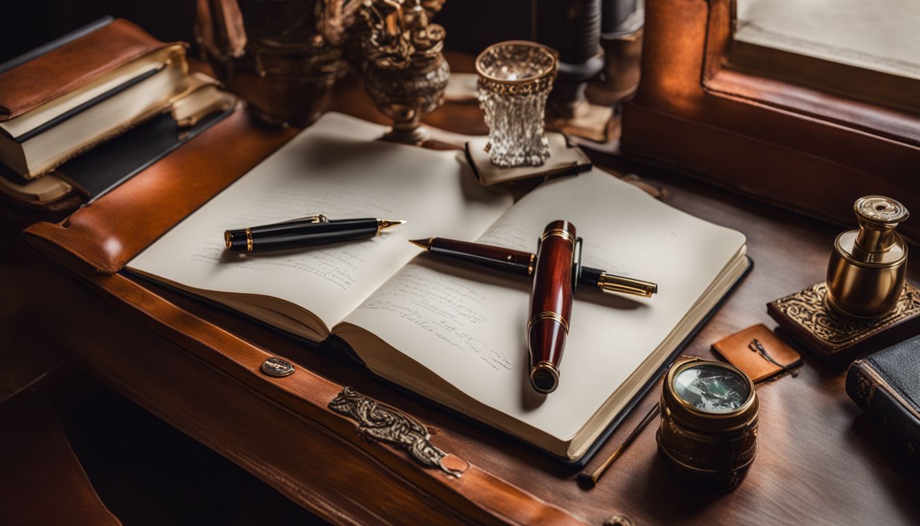 'Aesthetic photo of fountain pen and journals on vintage desk.'