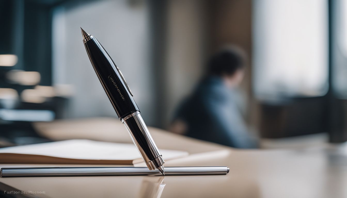 A stylish fountain pen on a modern desk in a bustling city.