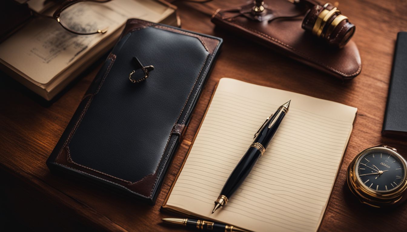 A Penomatic fountain pen on a leather writing pad surrounded by elegant office decor.