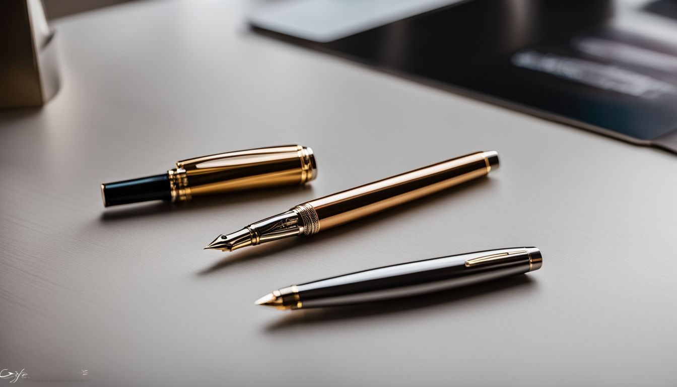 A sleek desk with a fountain pen and cityscape photography.