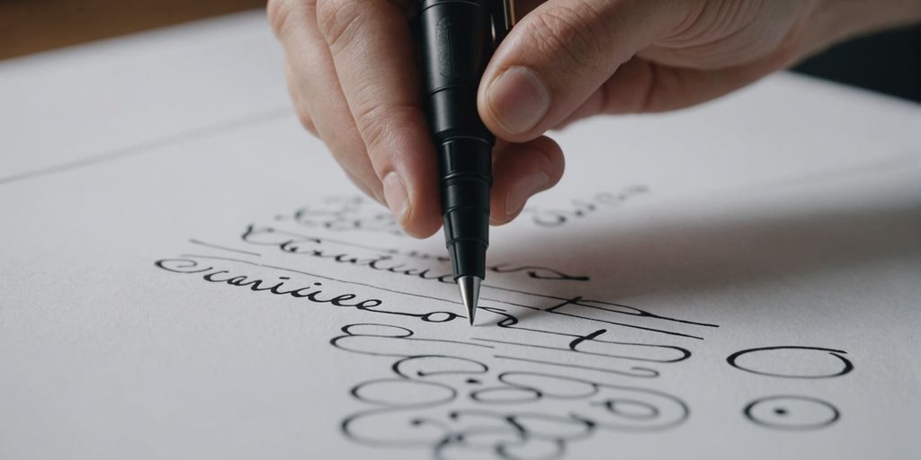 Person learning calligraphy with pen and paper, focused expression.