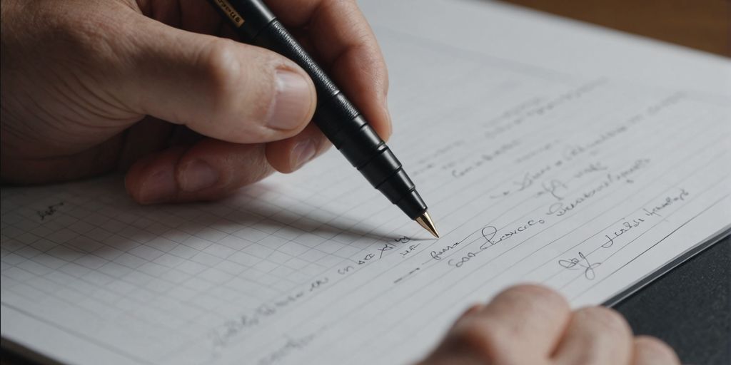 Close-up of hand writing neatly on lined paper.